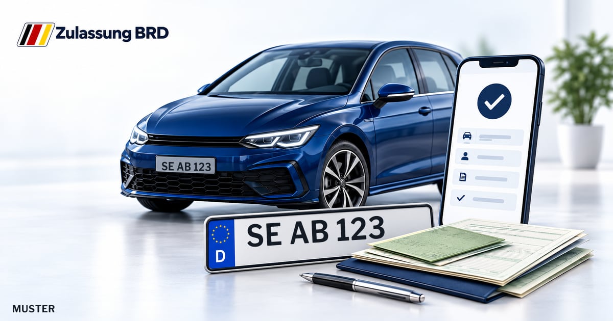 Online Fahrzeugzulassung in Bad Segeberg: Musterkennzeichen SE AB 123, Auto und Fahrzeugpapiere und Smartphone. Illustration mit Logo von Zulassung BRD.